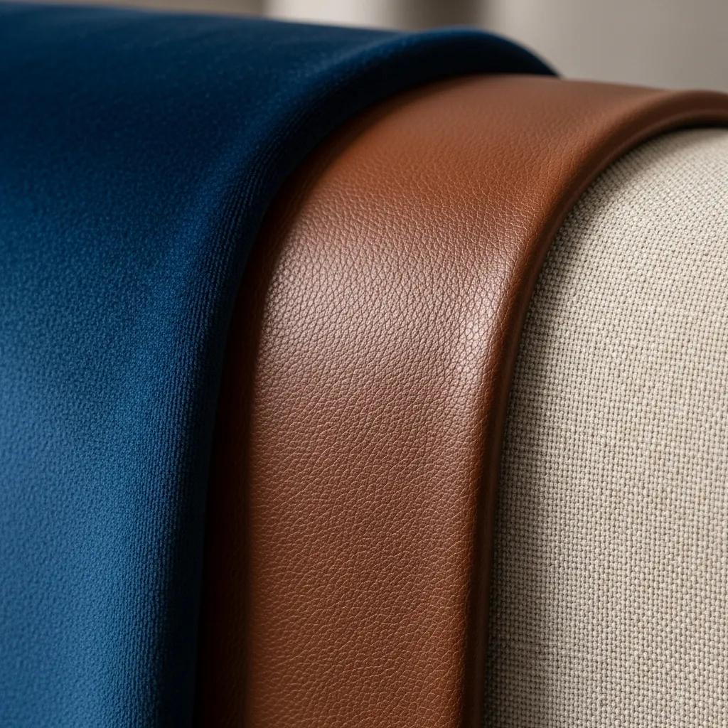 Close-up textures of velvet, leather and linen upholstery fabrics in natural light