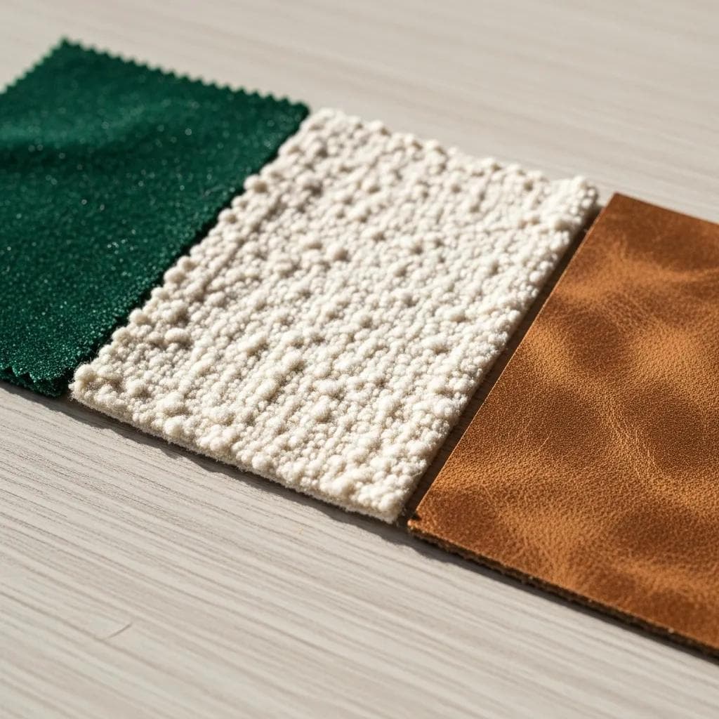 Close‑up swatches showing the textures of velvet, boucl&eacute; and eco‑leather