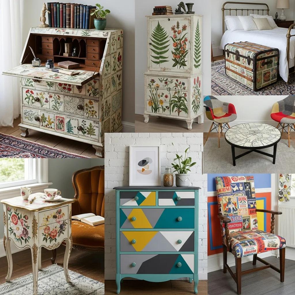 Collage of decoupage designs on vintage furniture showcasing creativity