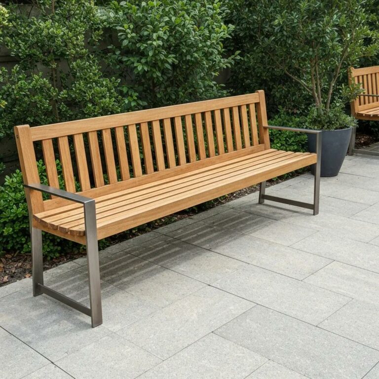 Comparison of a wooden bench and a metal bench in an outdoor setting, highlighting their contrasting styles and materials