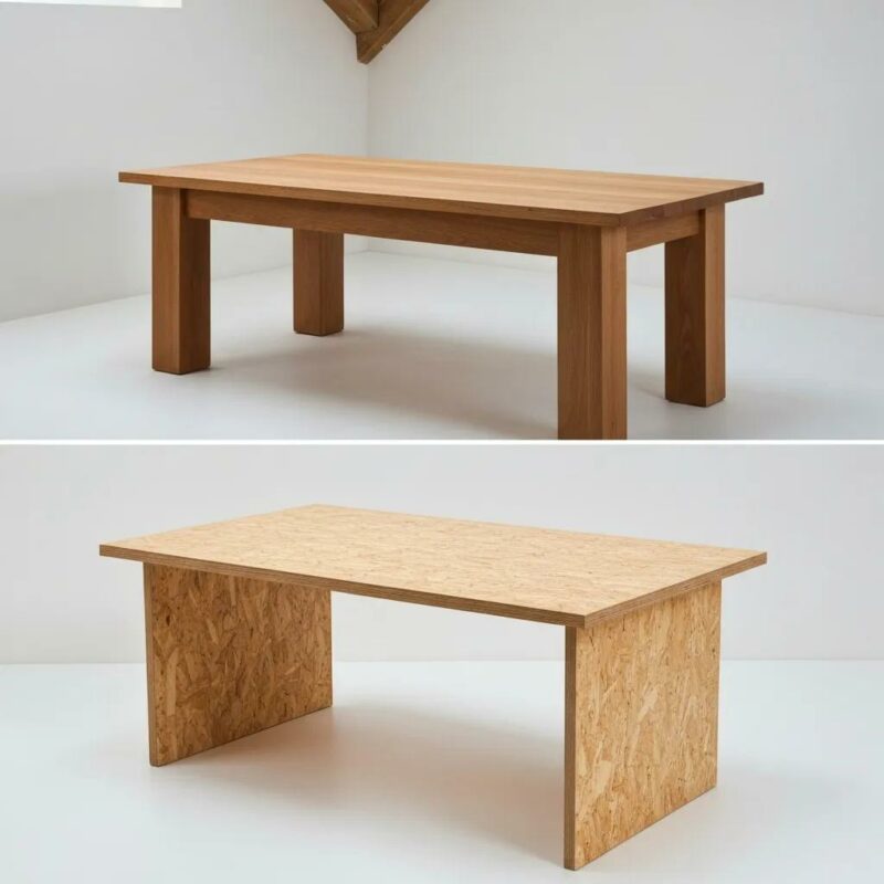 Comparison of veneer and laminate furniture surfaces highlighting natural wood grain and synthetic finish