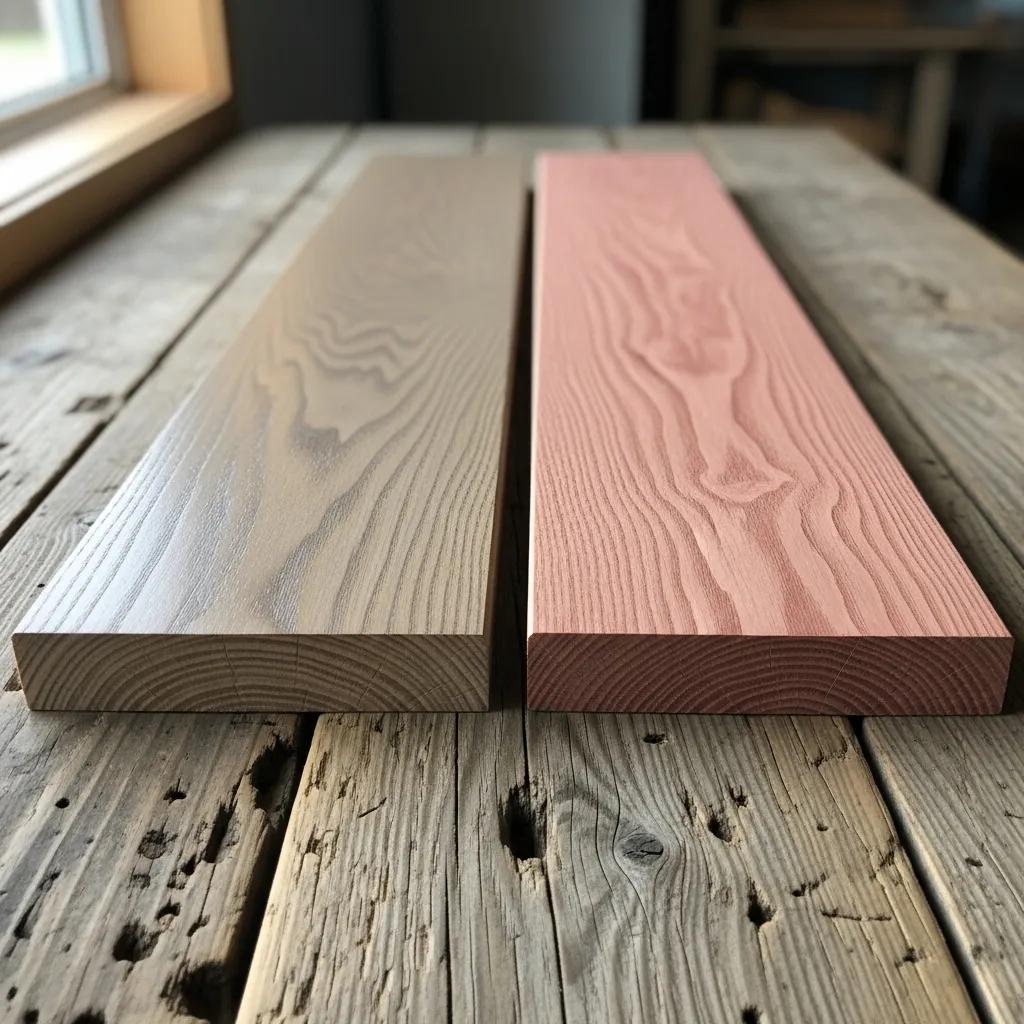 White oak and red oak planks side by side, showing different grains and common furniture uses
