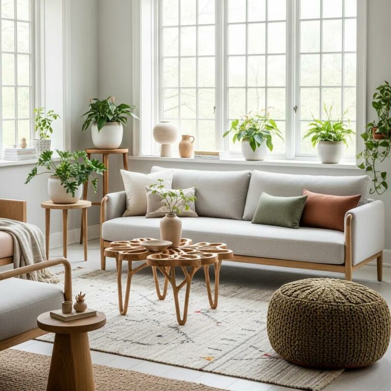 Contemporary living room with handcrafted furniture showcasing minimalist design and natural light