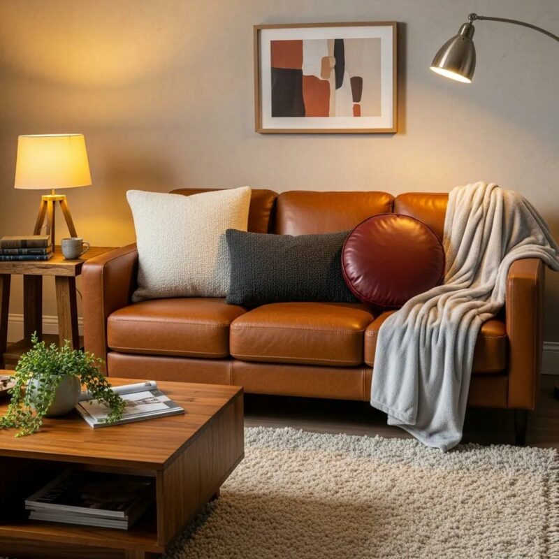 Cozy living room with various upholstery materials including leather and microfiber