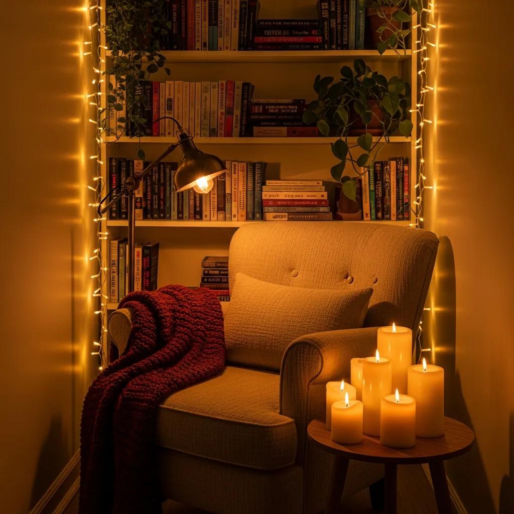 Cozy reading nook with warm lighting from string lights and an adjustable lamp