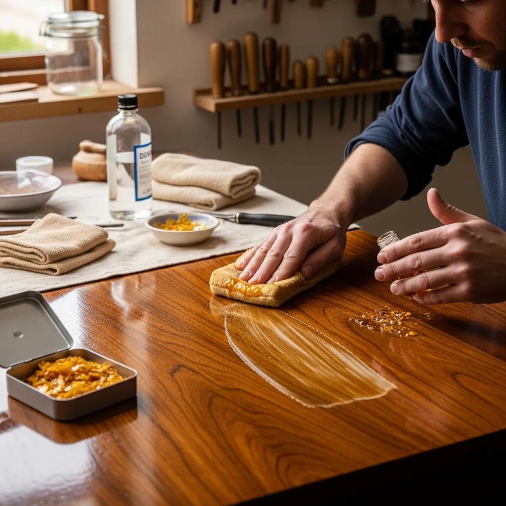 Craftsman applying French polishing technique to a wooden table, highlighting expert restoration skills