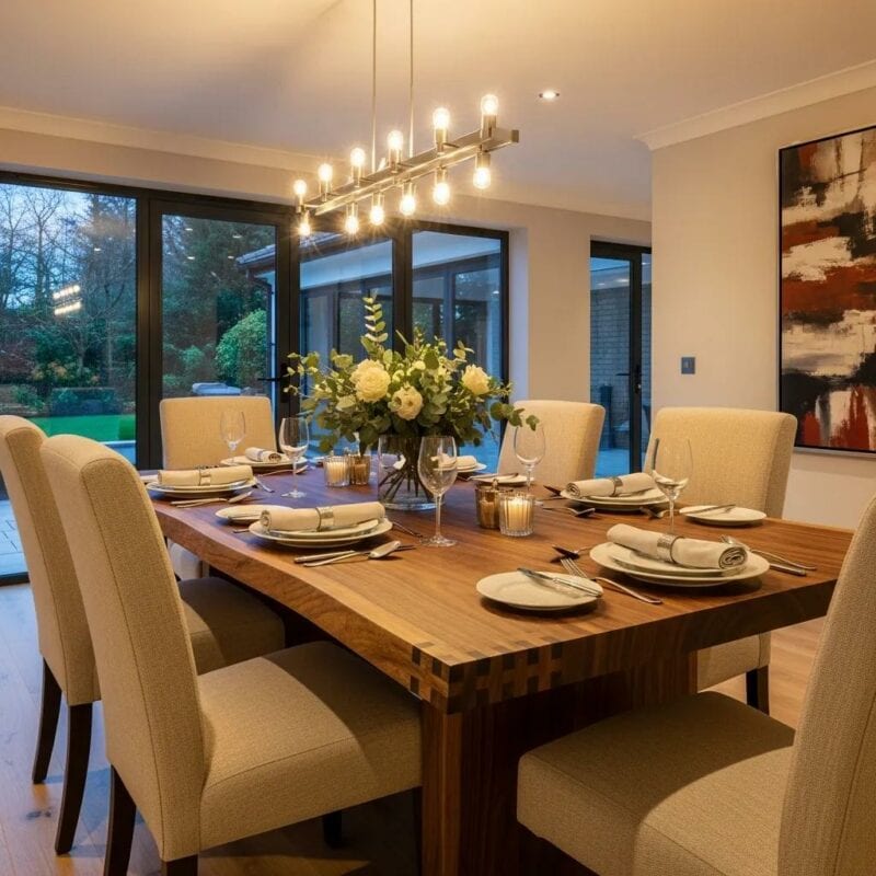 Custom dining table in a stylish home, showcasing bespoke furniture design