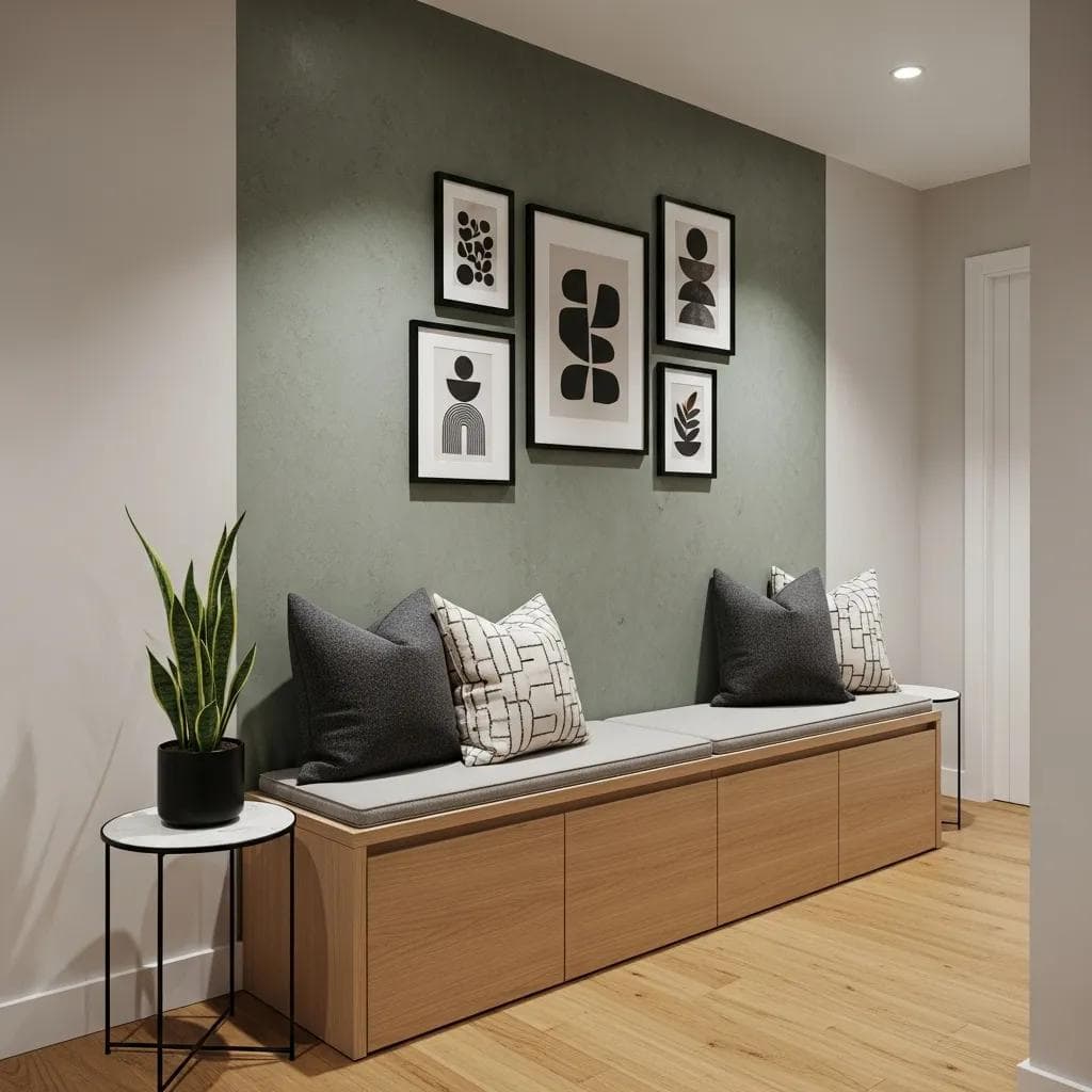 Custom hallway bench with built-in storage, styled in a modern home