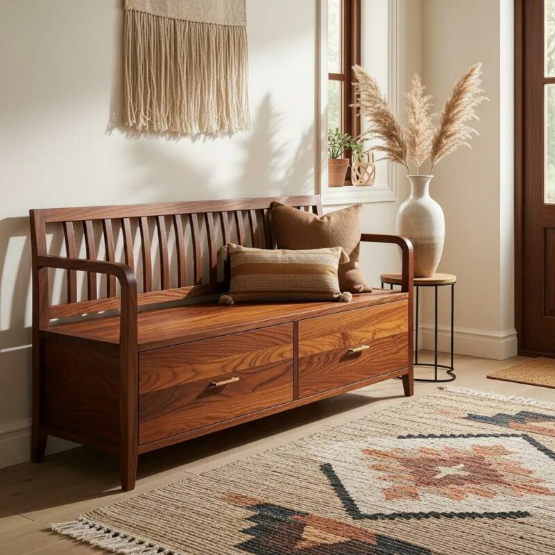 Custom handcrafted bench in a stylish entryway showcasing quality craftsmanship