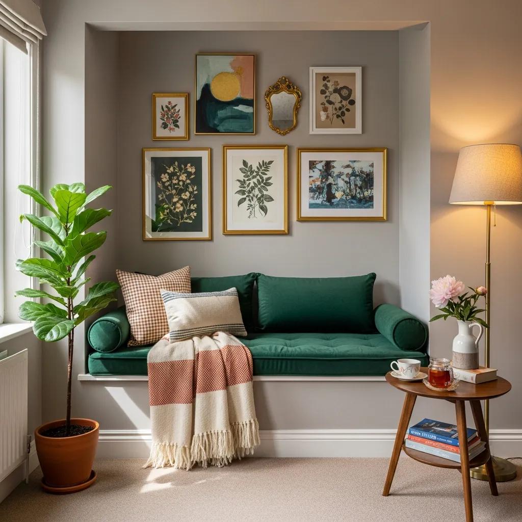 Custom-made bench in an alcove enhancing personal style and space in a beautifully decorated room