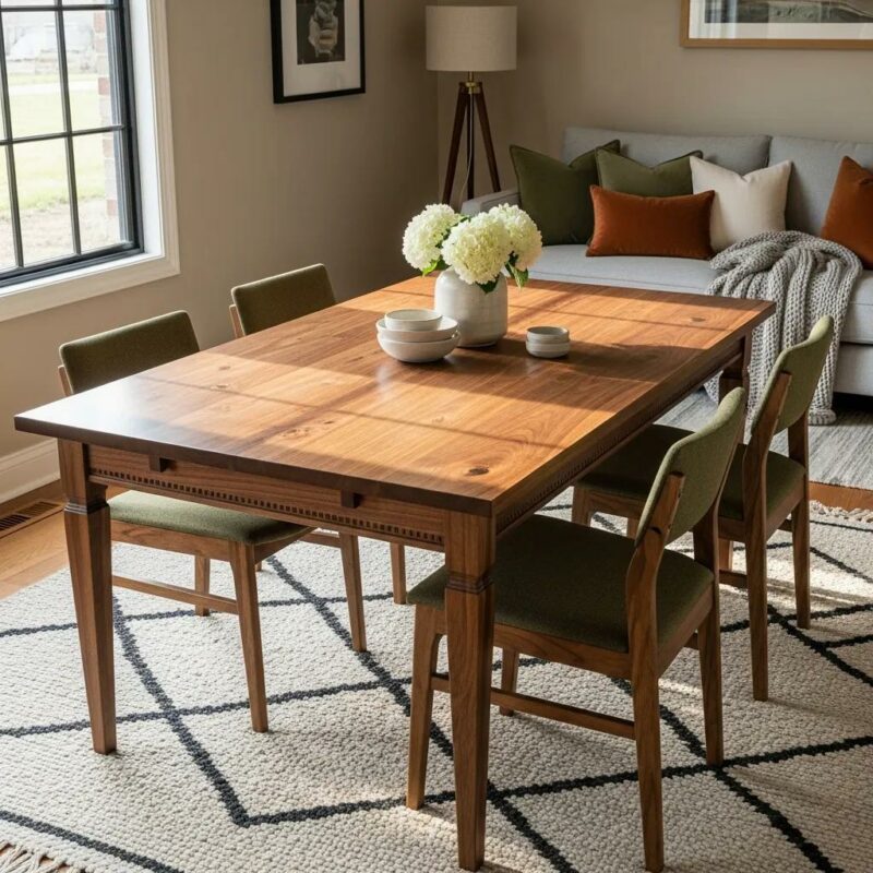 Custom-made wooden table in a stylish living room showcasing the elegance of bespoke furniture