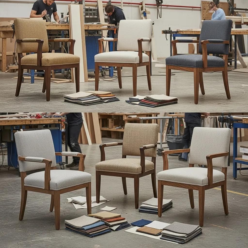 Customisable chairs with sample fabrics and wood finishes in a workshop