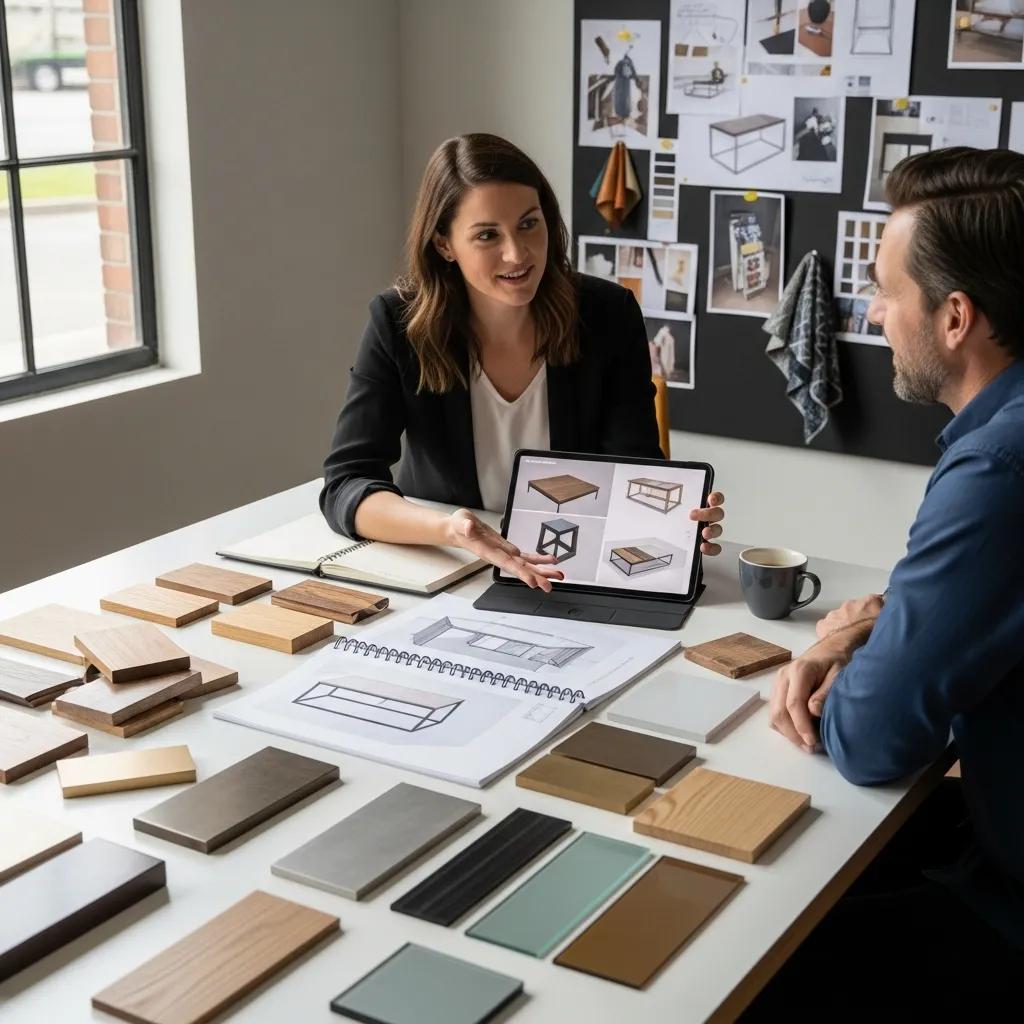 Design consultation with material samples for a bespoke coffee table