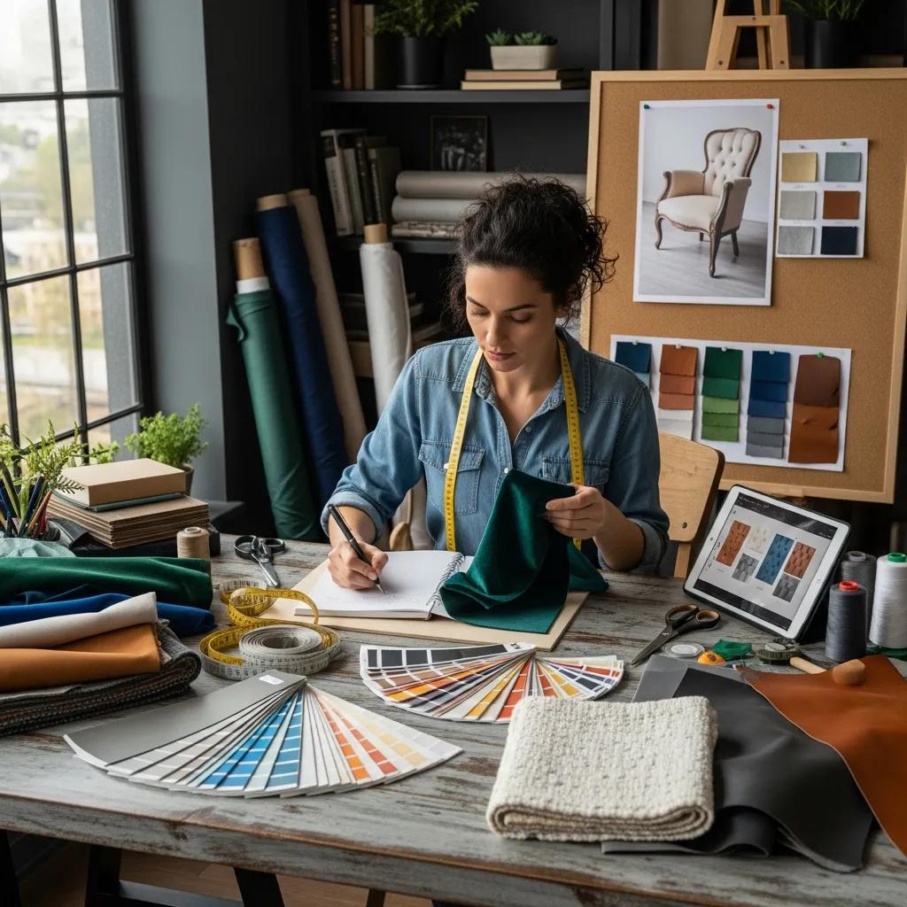 Design studio with fabric samples and colour swatches used for custom upholstery