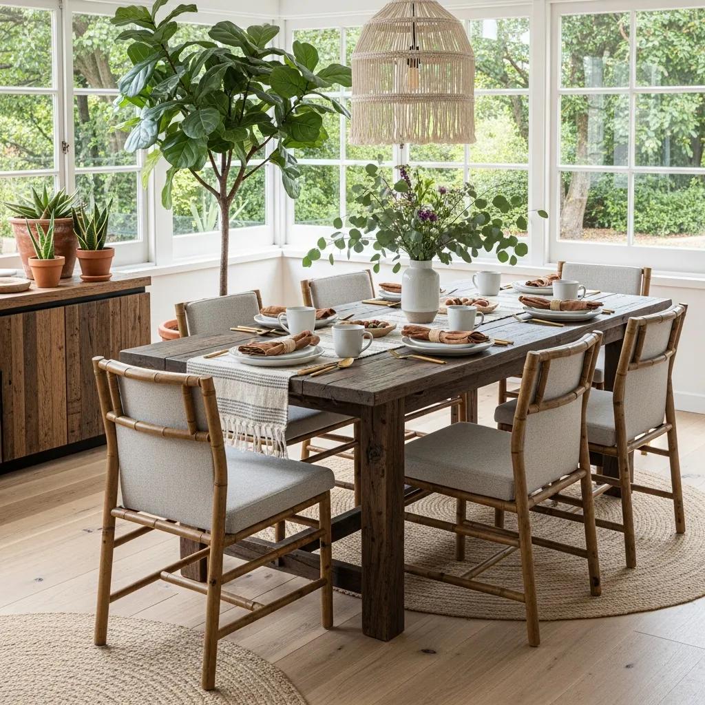 Dining area with sustainable furniture, showcasing a reclaimed wood table and eco-friendly chairs in a stylish setting