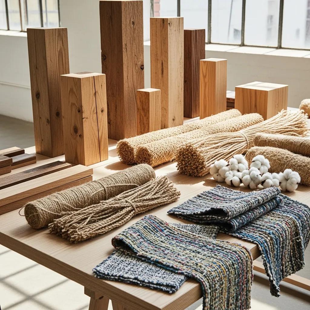 Display of sustainable materials for artistic furniture including reclaimed wood and natural fibers