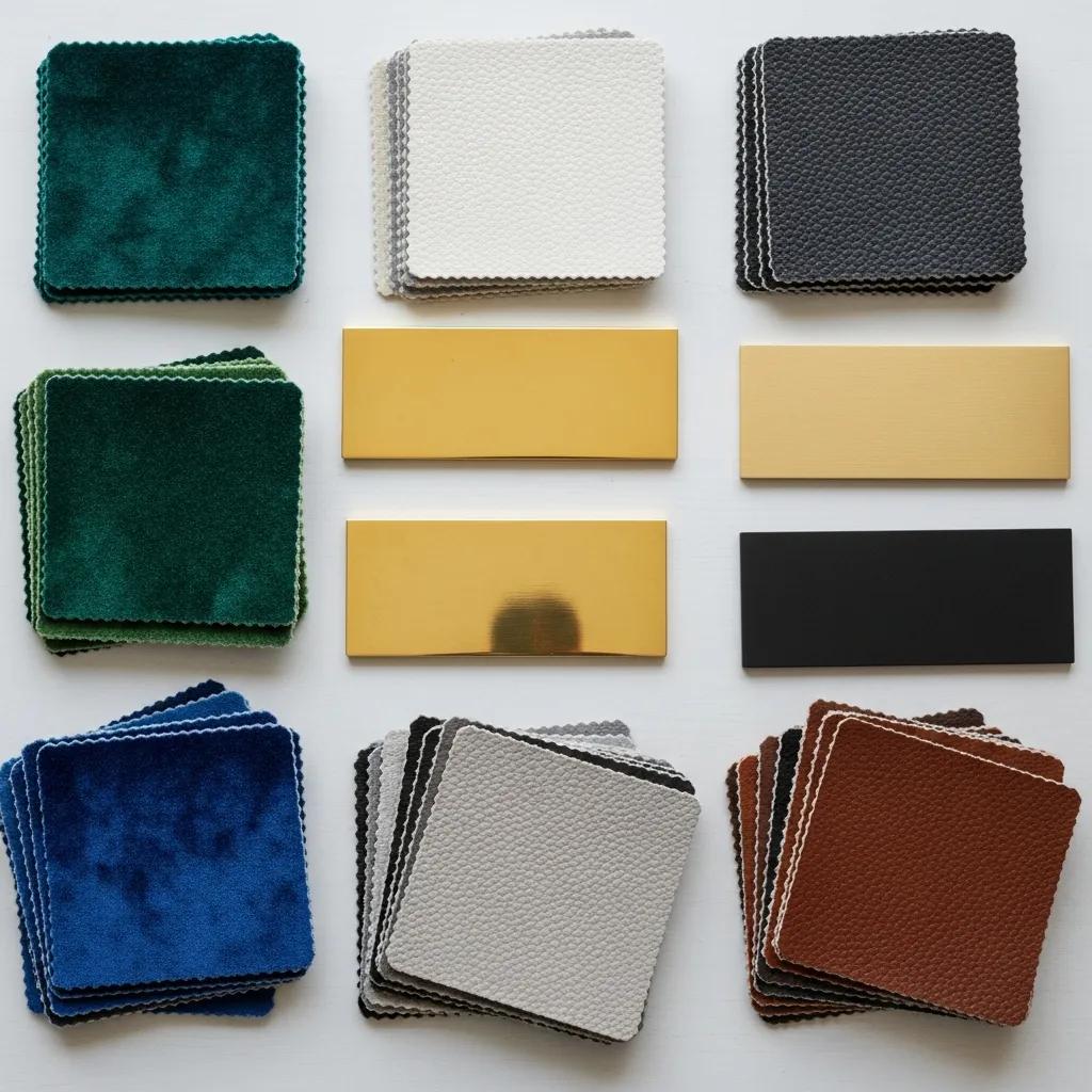 Display of upholstery materials and metal finishes for customizing modern metal benches