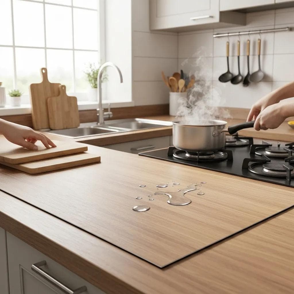 Durable laminate kitchen countertop showcasing resistance to scratches and stains in a busy environment