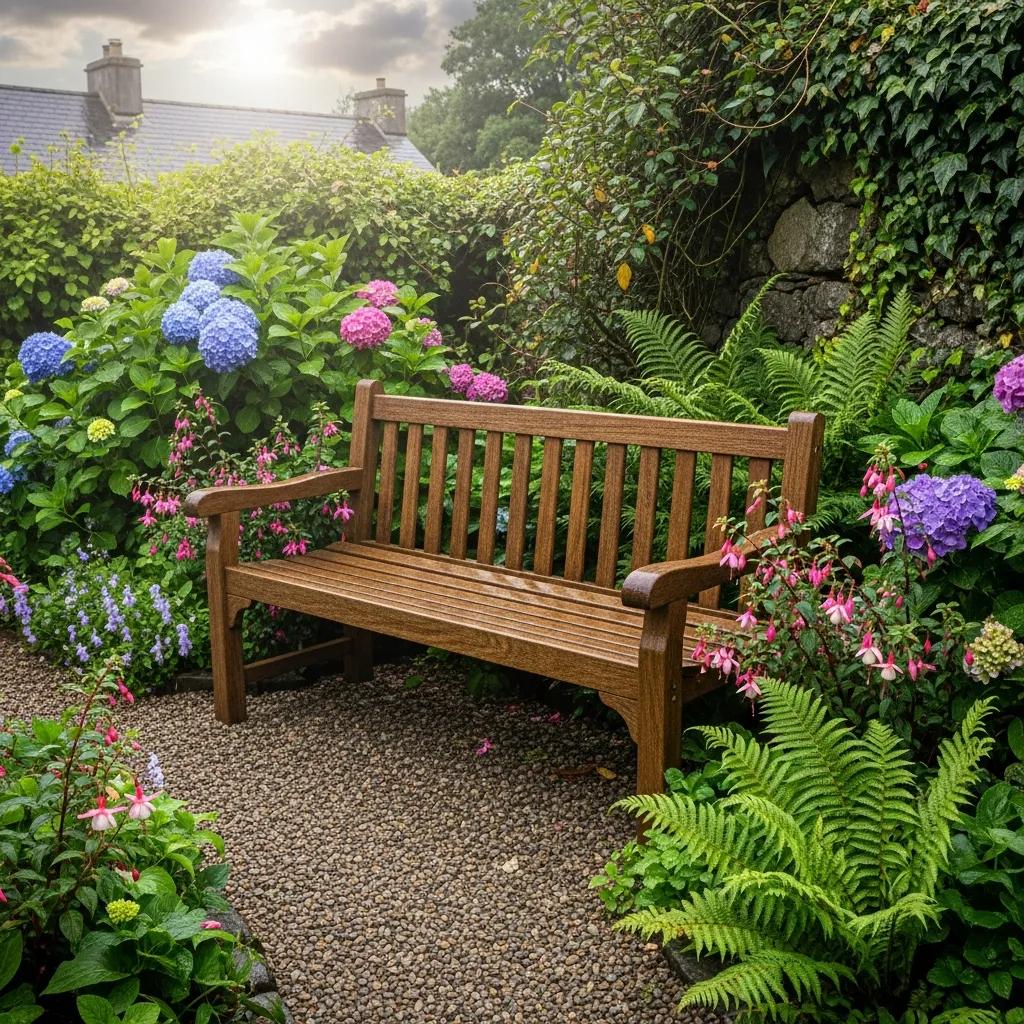 Sturdy outdoor garden bench placed among colourful planting