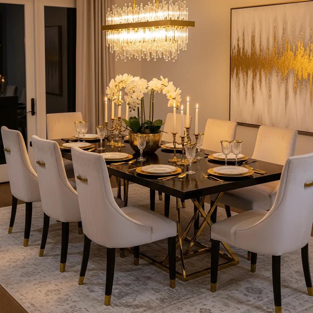 Elegant dining table with gold metal legs, surrounded by stylish chairs in a warm and inviting setting
