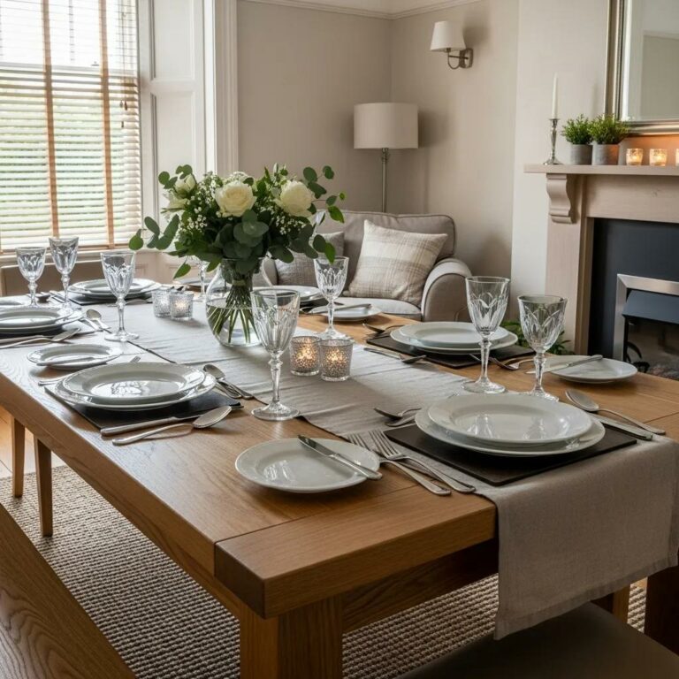 Elegant oak dining table in a cozy living room, showcasing the beauty and strength of oak wood furniture