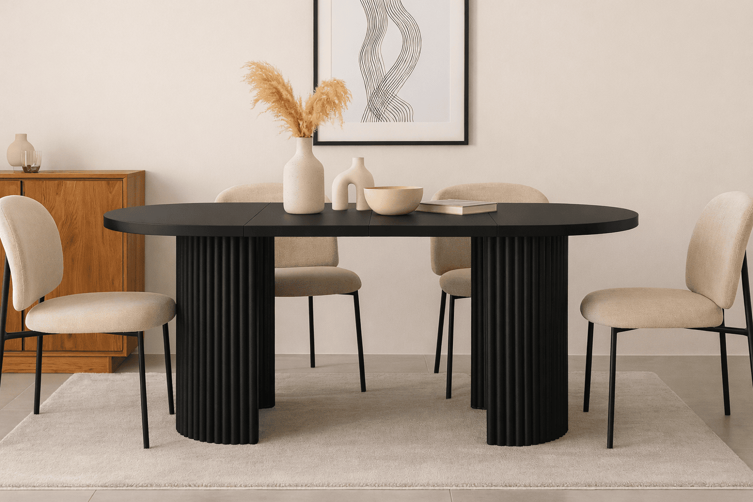 ELEMENTS Rail-Extend Table – 180cm Cashmere Top, Steel Base, Compact Luxury