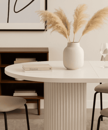 ELEMENTS Rail-Extend Table – 180cm Cashmere Top, Steel Base, Compact Luxury