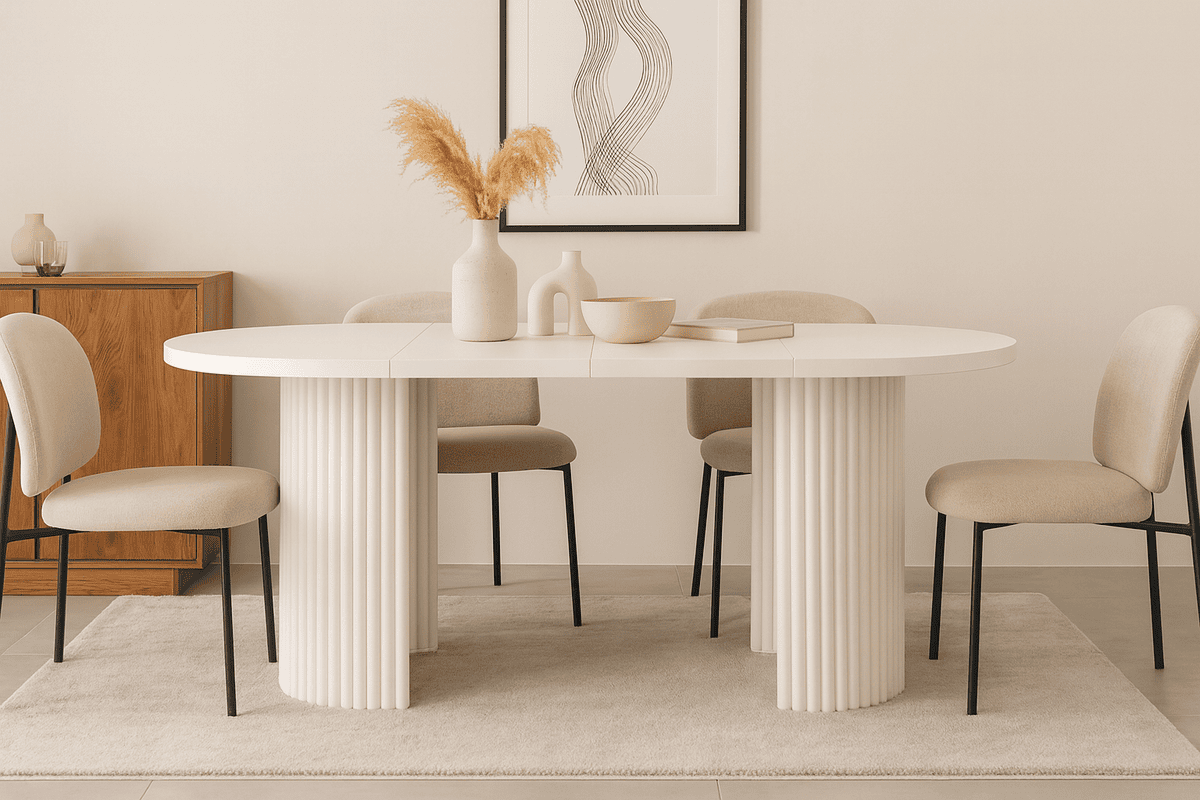 ELEMENTS Rail-Extend Table – 180cm Cashmere Top, Steel Base, Compact Luxury