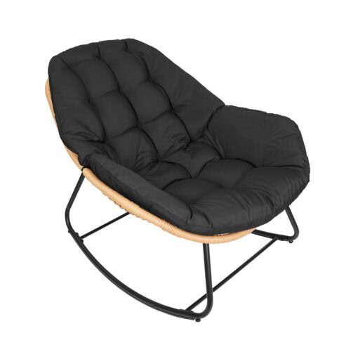 Edison Natural Rattan Rocking Chair with black cushions and metal frame, designed for indoor and outdoor relaxation, suitable for living rooms and gardens.