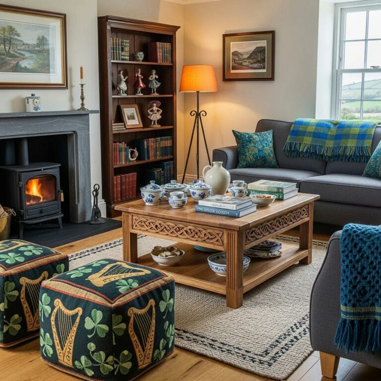 Handcrafted furniture in a cozy living room setting, highlighting artisan craftsmanship and Irish decor