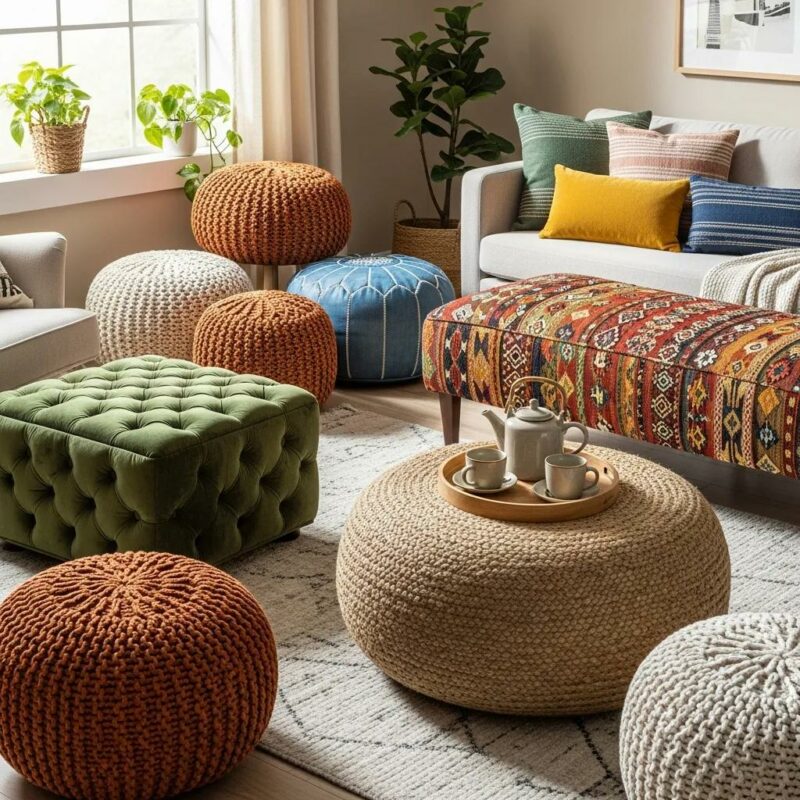 Handcrafted pouffes and ottomans in a stylish living room, showcasing unique designs and artisan craftsmanship