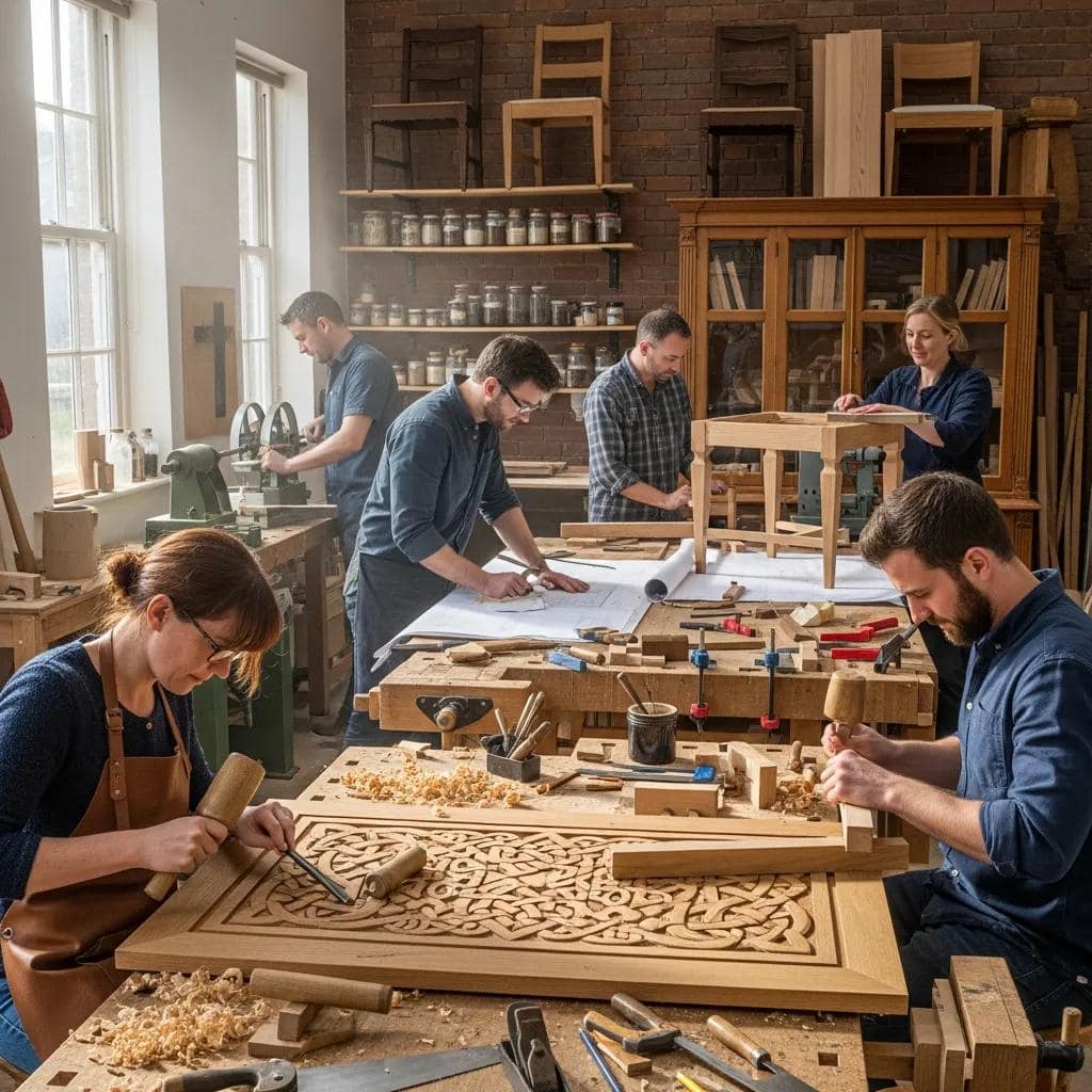Irish artisans collaborating in a workshop, showcasing traditional furniture-making techniques