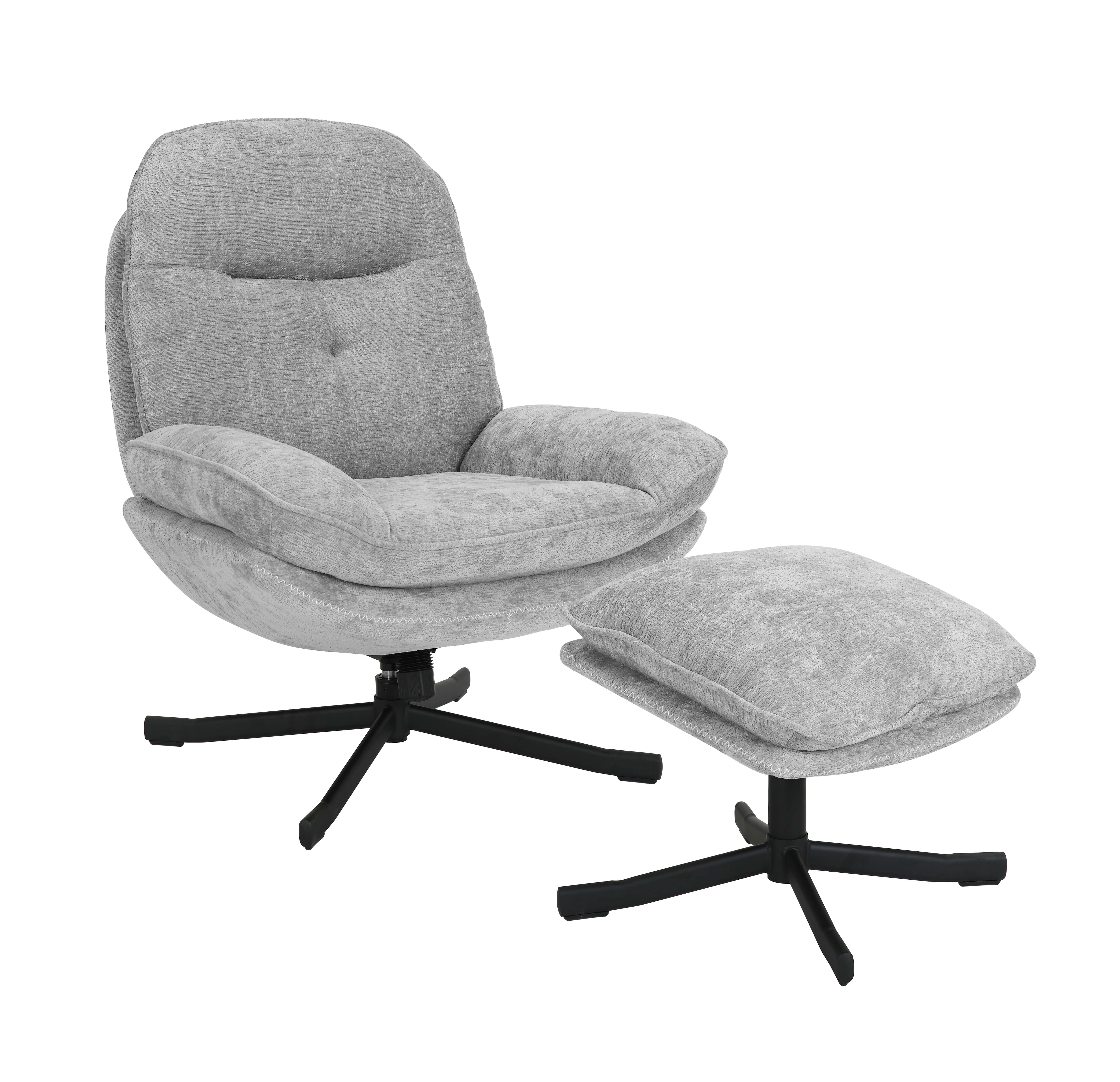 Karmen Swivel Relax Chair – Light Grey Chenille with Ottoman