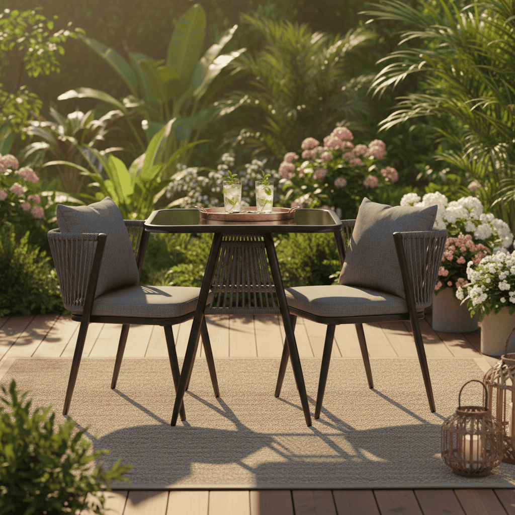 Korfu Coastal Patio Set – Beige Outdoor Table + 2 Chairs