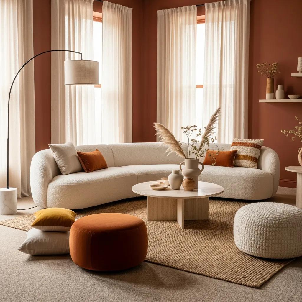 Living space with curved furniture trends, showcasing a rounded sofa and pouffes in a warm, inviting atmosphere
