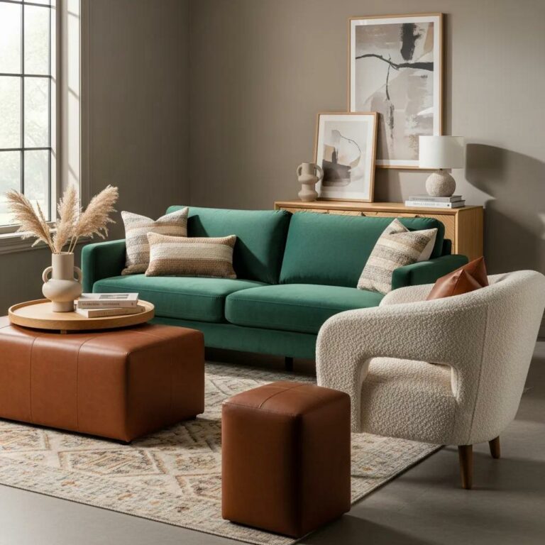 Luxurious living room showcasing velvet, bouclé, and eco-leather upholstery materials in a warm and inviting setting