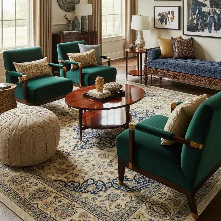 Luxurious living room with handcrafted seating options including armchairs, pouffe, and bespoke bench, emphasizing comfort and elegance