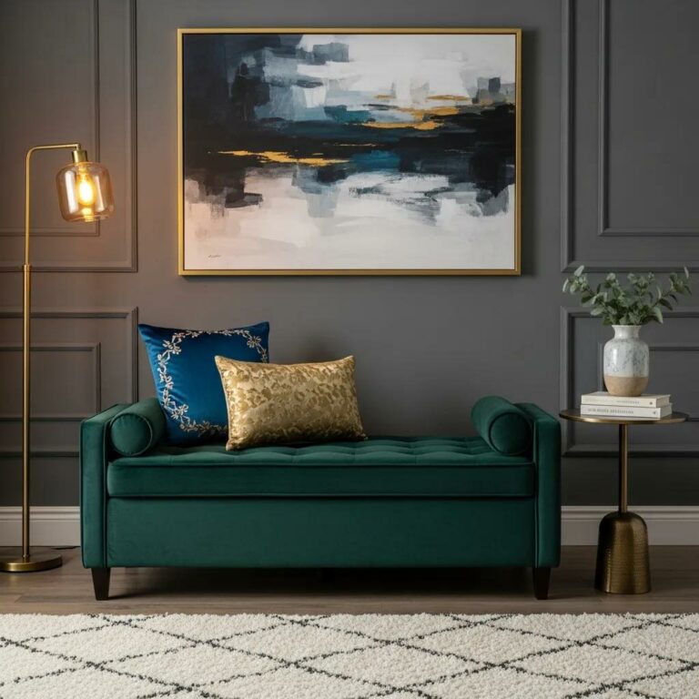 Luxurious velvet upholstered bench in a stylish living room, highlighting rich textures and elegant decor