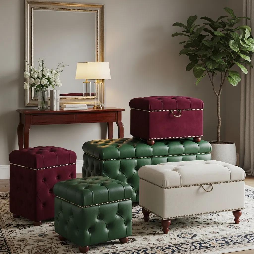 Luxury storage ottomans showing premium materials and fine craftsmanship