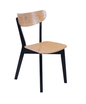Modern dining chair with beech wood legs and white oak plywood seat and back, designed for versatility in homes and cafés, featuring a stable four-leg structure.