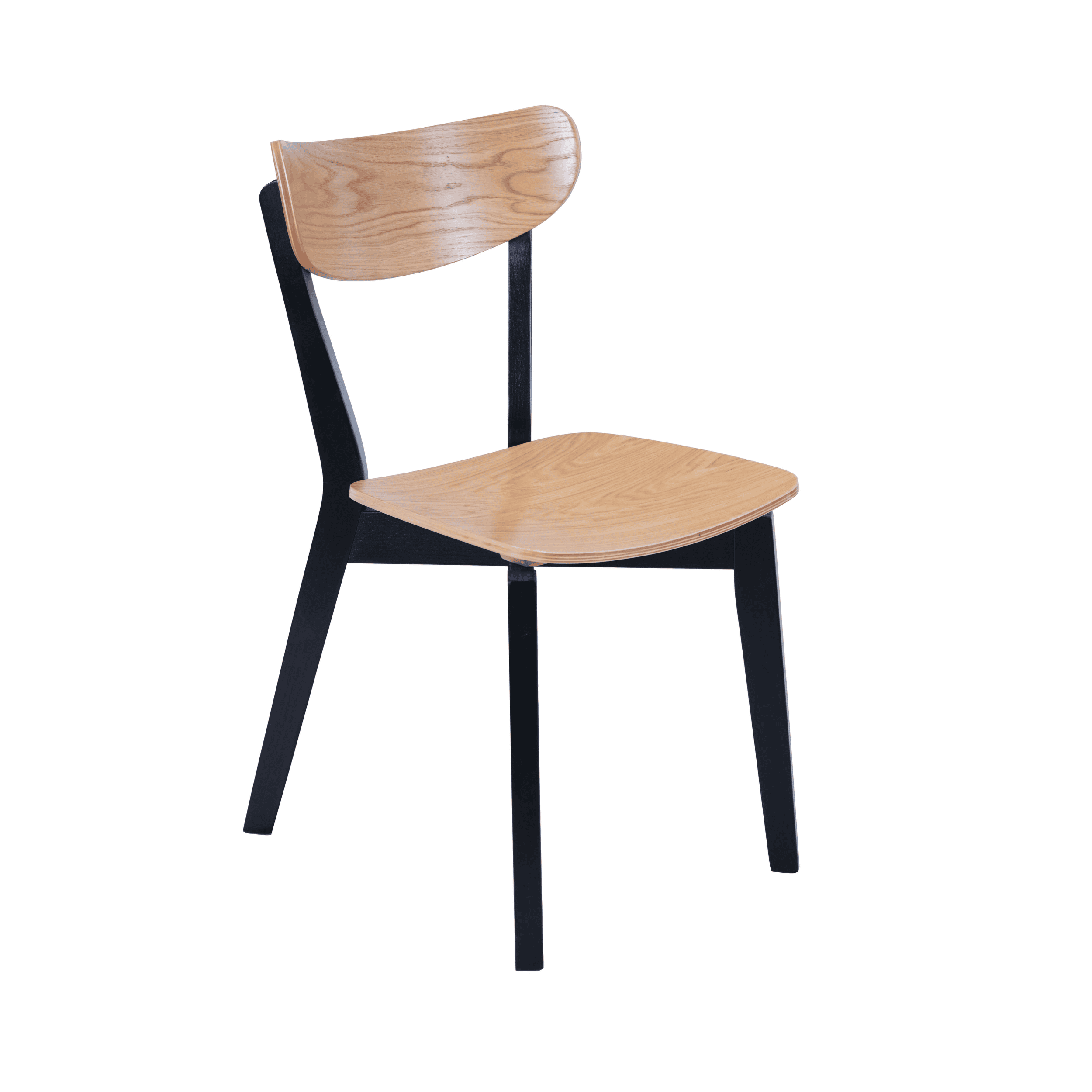 Modern dining chair with beech wood legs and white oak plywood seat, designed for style and functionality, suitable for homes and cafés.