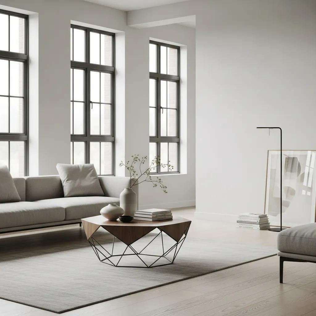 Minimalist living room featuring a modern grey sofa, geometric wooden coffee table, and large windows, emphasizing clean lines and functional elegance in handcrafted furniture design.