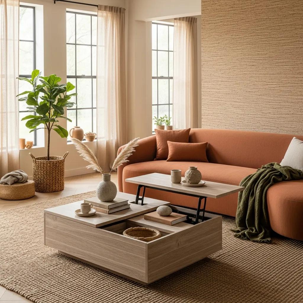 Modern interior design showcasing sustainable trends with earthy tones and multifunctional furniture