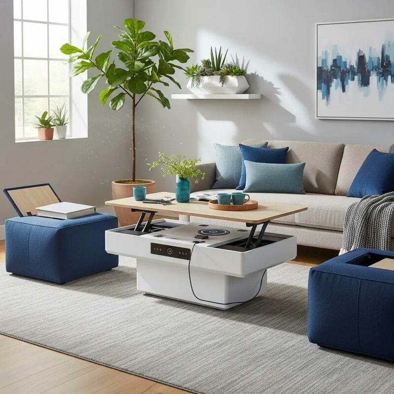 Modern living room with multifunctional smart furniture, emphasizing space-saving solutions and stylish design