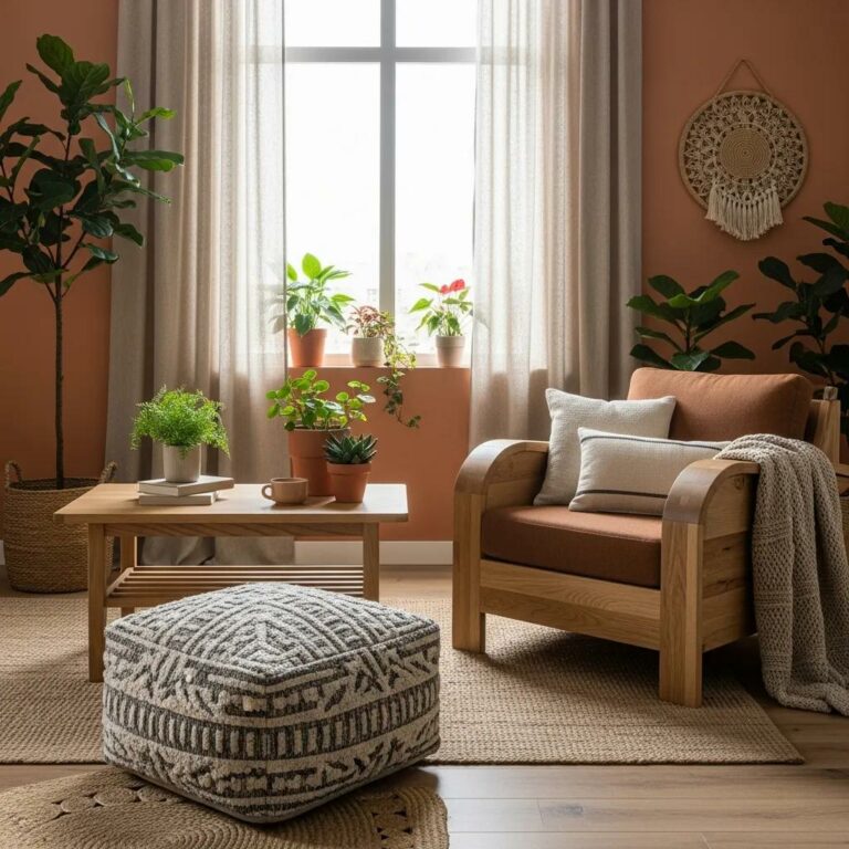 Modern living room with sustainable furniture trends for 2025, featuring a pouffe, curved armchair, and earthy decor
