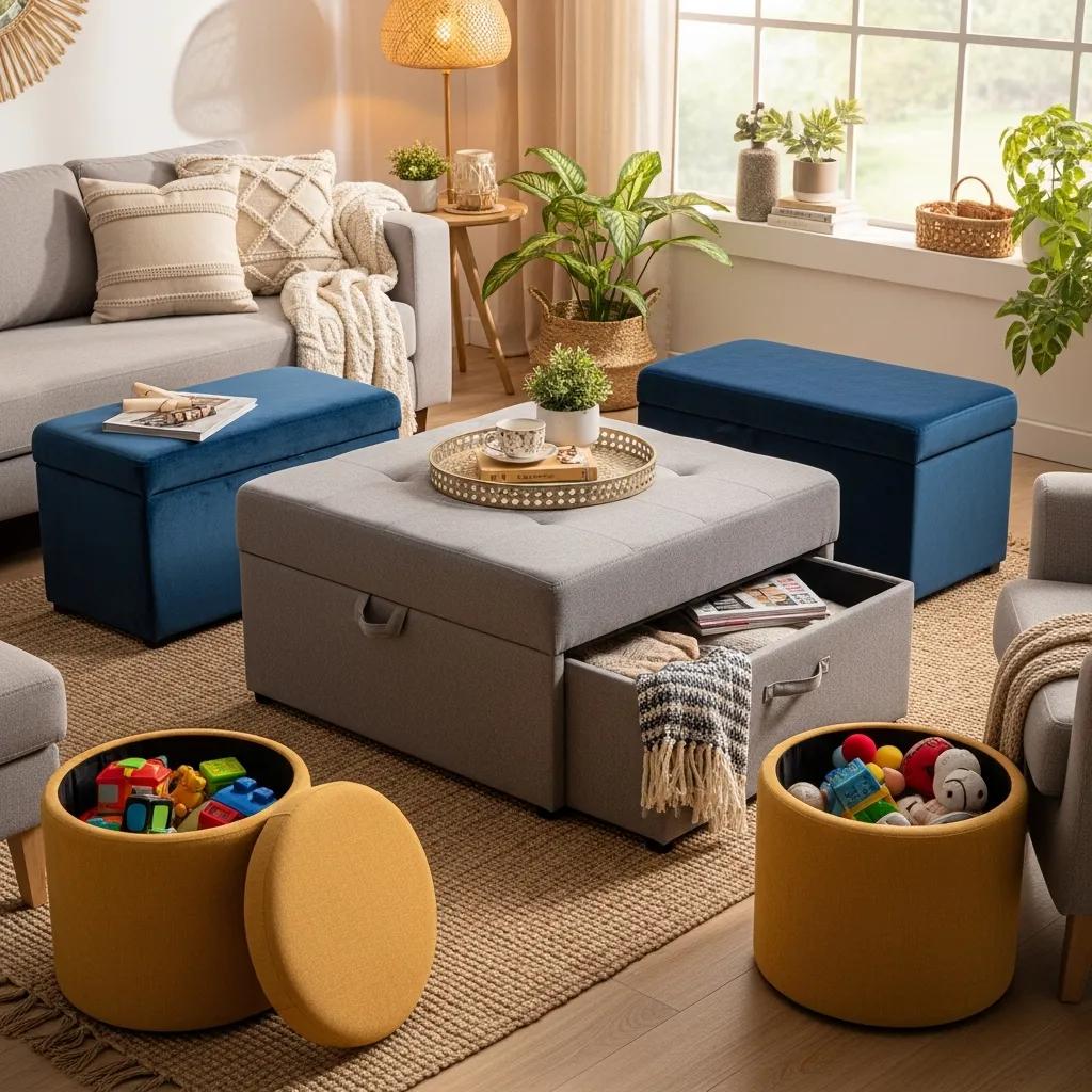 Multi-functional ottomans and footstools in a living room, illustrating their versatility as seating and storage solutions