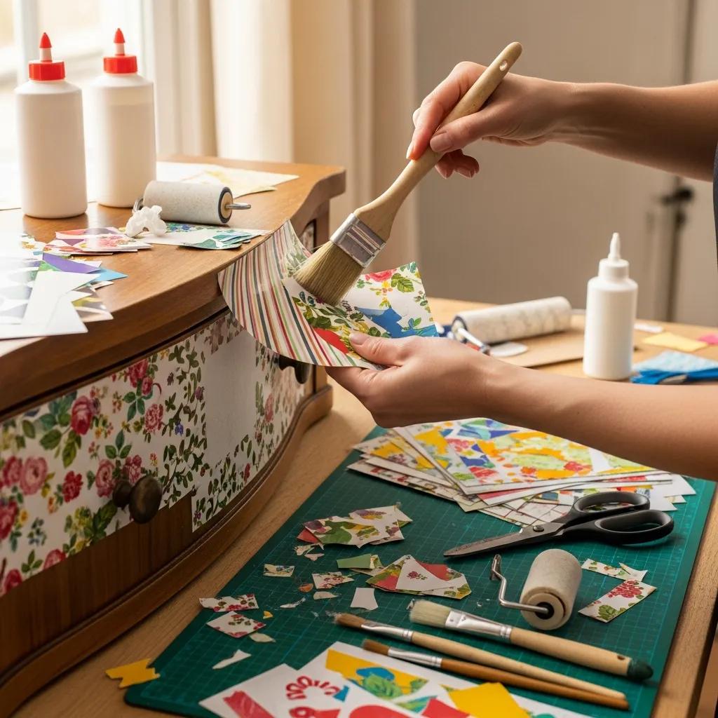 Person applying decoupage paper to furniture, showcasing creative techniques