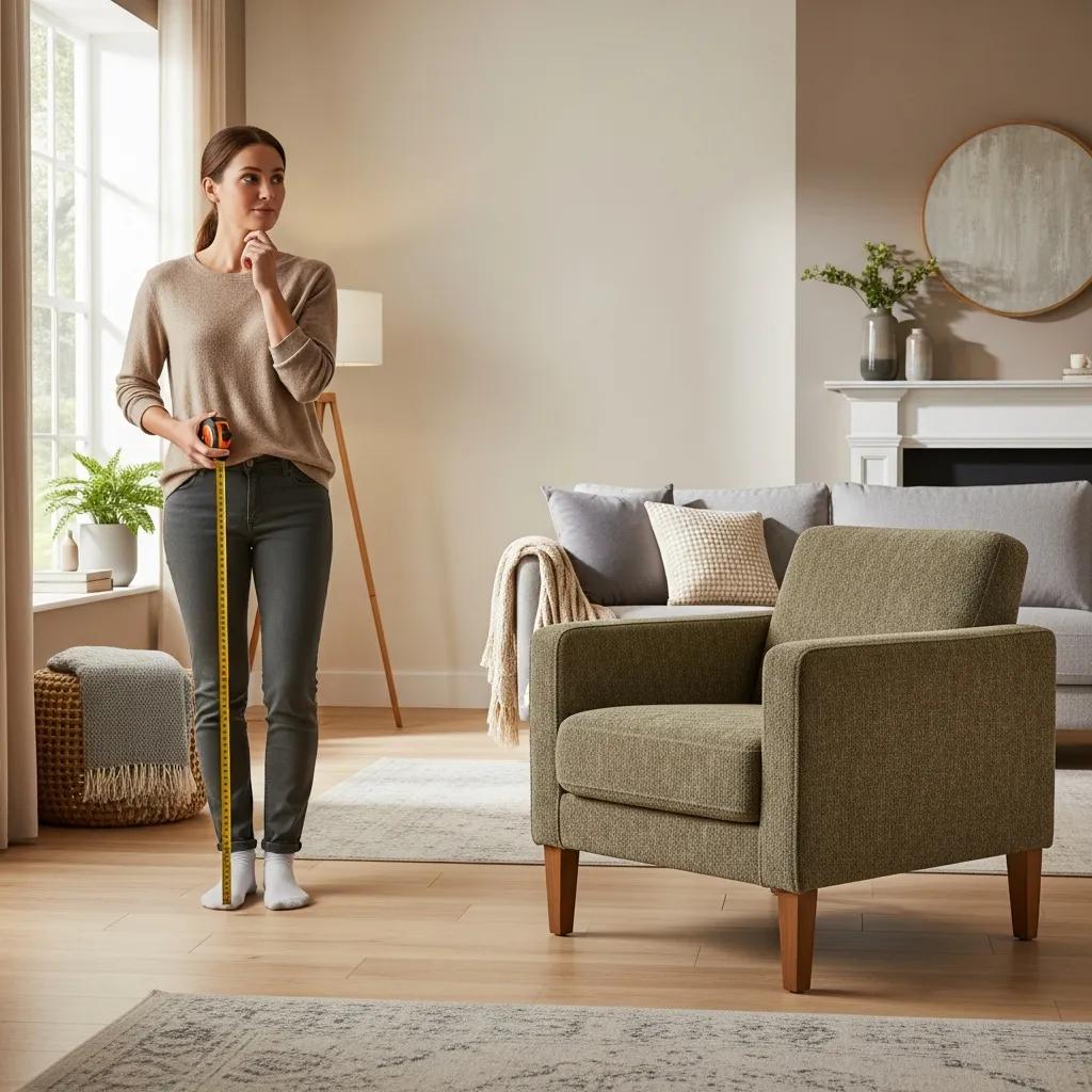 Person measuring a living room corner while planning for an upholstered chair