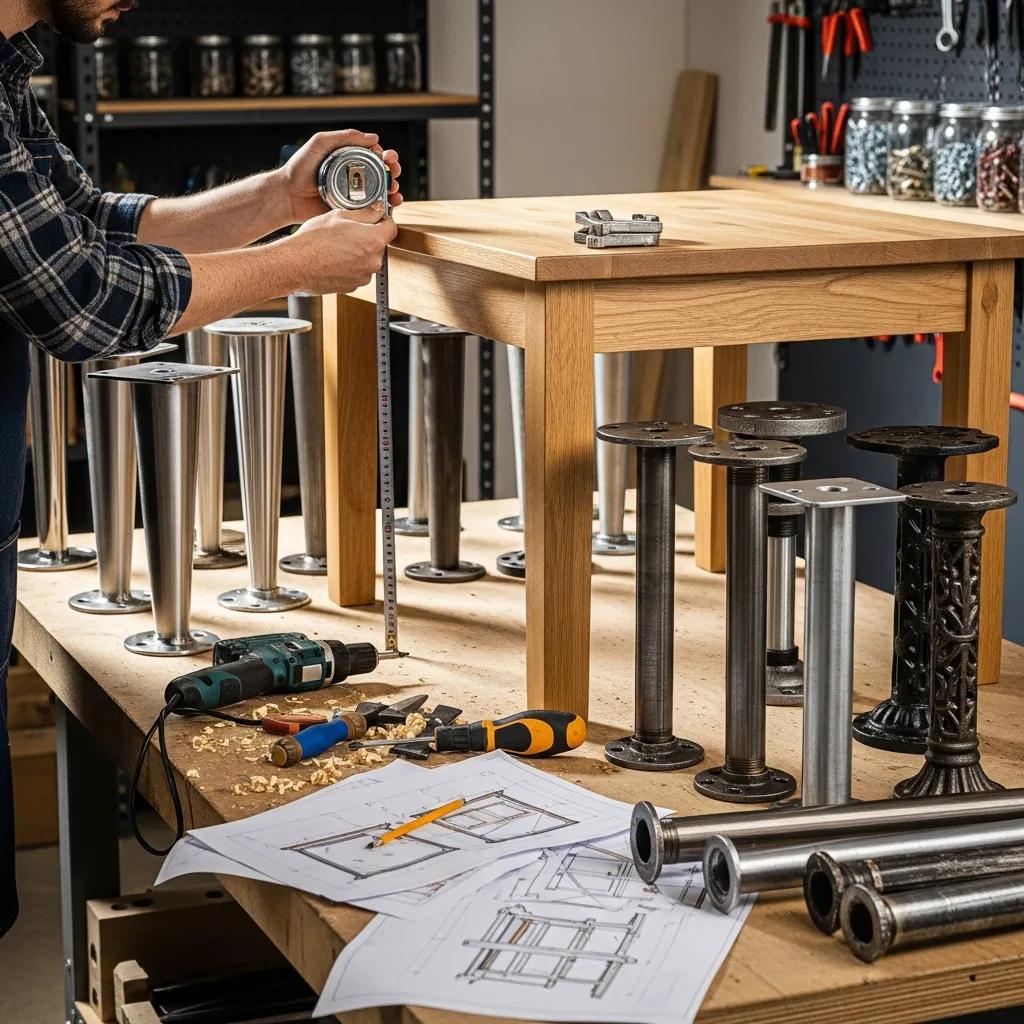 Person measuring table height with various metal table legs on a workbench, illustrating the selection process