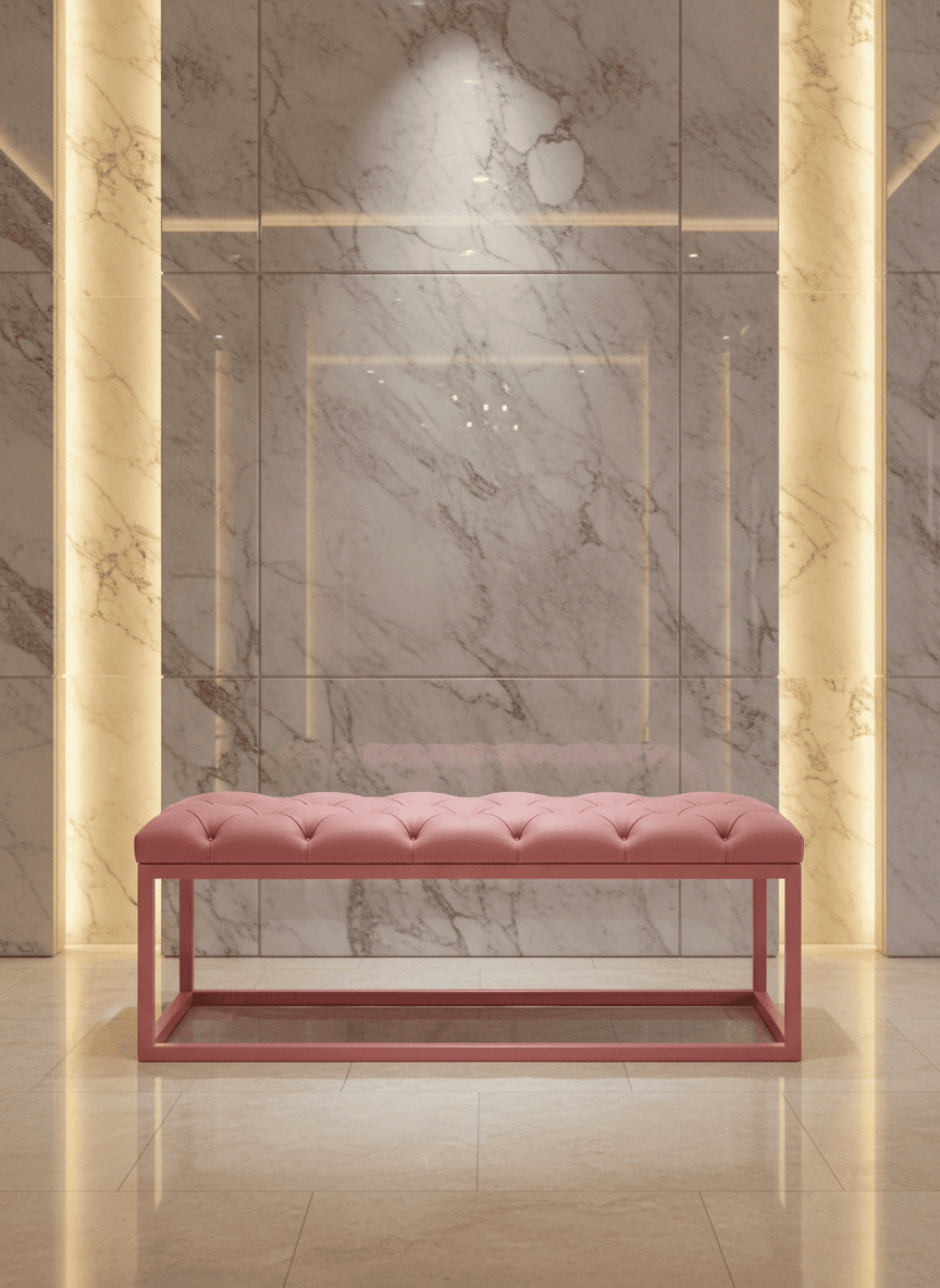 Pink UrbanChic Ecoleather Bench – Handmade Metal Frame Seat for Modern Homes